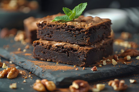 A couple of freshly baked brownies sit neatly on top of a wooden table, exuding a rich, chocolatey aroma. The brownies appear to be homemade and have a tempting texture.の素材