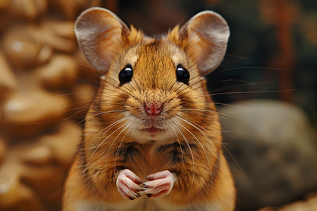 A close-up view of a small mouse with grey fur standing next to a group of chocolate chip cookies on a table. The mouse appears to be sniffing the cookies, possibly tempted by the sweet scent.の素材