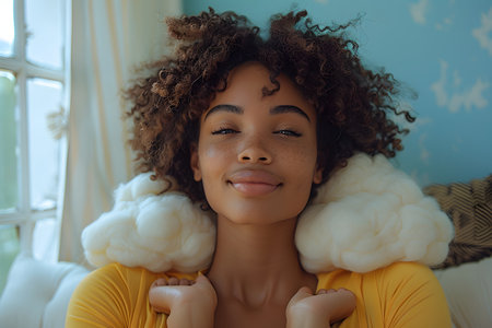 A woman with curly hair is seen wearing a bright yellow shirt. Her hair is voluminous and bouncy, framing her face. The woman appears confident and stylish, showcasing her unique sense of fashion.の素材
