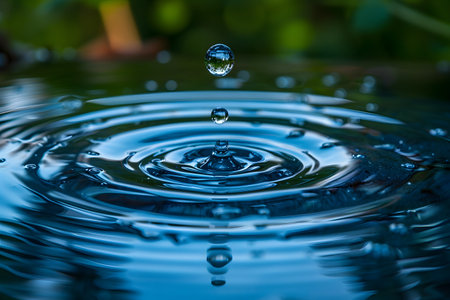 One droplet of water is seen descending into a body of water, causing ripples and splashes upon impact. The movement captures the dynamic interaction between droplet and pool.の素材