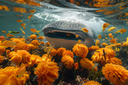 A large whale gracefully swims in the ocean, its massive body cutting through the water as it moves. The whale is surrounded by a vibrant cluster of yellow flowers floating on the surface of the water.の素材