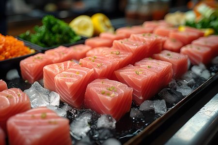 A close-up view of a tray filled with various raw fish, including salmon, tuna, and mackerel. The fish are neatly arranged and displayed on ice, showcasing their fresh quality and vibrant colors.の素材