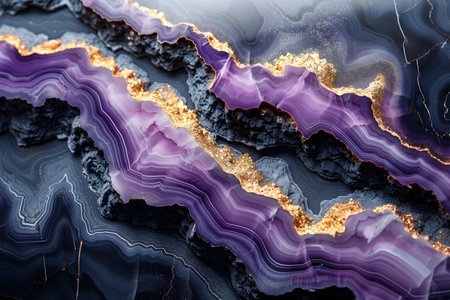 This is a close-up view of a striking piece of art dominated by shades of purple and gold. The artwork features intricate patterns and textures, with a mix of vibrant and muted tones creating a visually captivating composition.の素材