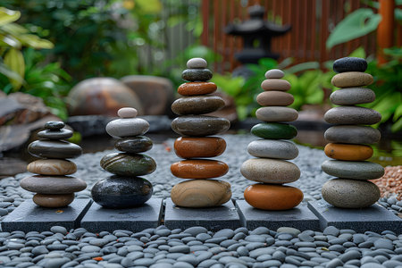 A group of rocks stacked on top of each other, forming a balanced and stable structure. The rocks vary in size, shape, and color, creating a unique and intricate composition in the rocky landscape.の素材