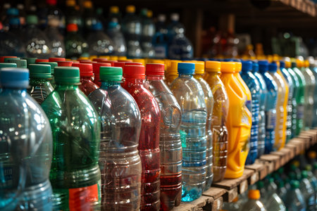 A row of plastic bottles is neatly lined up on top of a shelf, creating a uniform and organized display. Each bottle is distinct, with various colors and labels visible.の素材