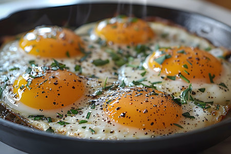 Three eggs are fried in a cast iron skillet on a gas stove. The eggs are sizzling and starting to solidify, with the yolks still runny.の素材