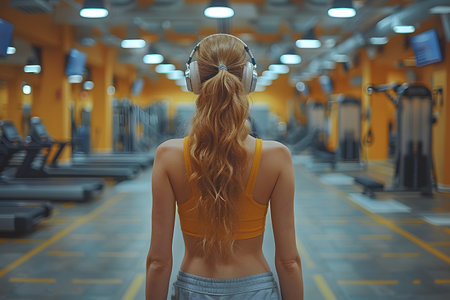 A woman wearing headphones is working out in a gym, focusing on her fitness routine. She is using various exercise equipment and seems dedicated to her workout session.の素材