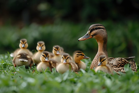 A cluster of ducks standing closely together on a vibrant green field. The ducks are calmly observing their surroundings, with some occasionally pecking at the grass.の素材