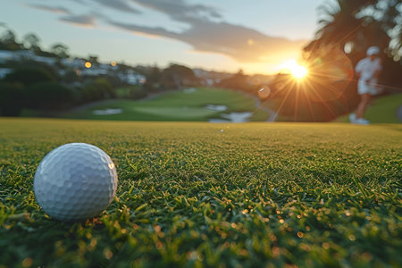 A white golf ball is placed on top of a well-manicured green grass field, under a clear blue sky with fluffy white clouds. The ball is ready to be hit for a game of golf.の素材