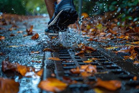A person is walking through the rain with their feet partially submerged in water. The individuals shoes and lower legs are visible as they trek through the wet terrain.の素材