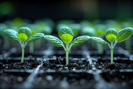 A group of vibrant green plants are thriving in the dark brown dirt, their leaves reaching towards the sunlight. The soil looks moist and rich, providing ideal conditions for the plants to grow and flourish.の素材