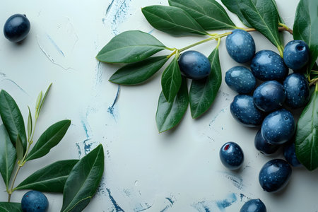 Fresh blue berries and vibrant green leaves are scattered on a clean white surface. The berries are plump and round, contrasting against the smooth leaves.の素材