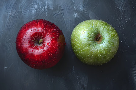Two ripe apples are placed side by side on a wooden table surface. The apples are red and shiny, showing no signs of bruising or damage. Light from above highlights the natural shape and color of the fruit.の素材