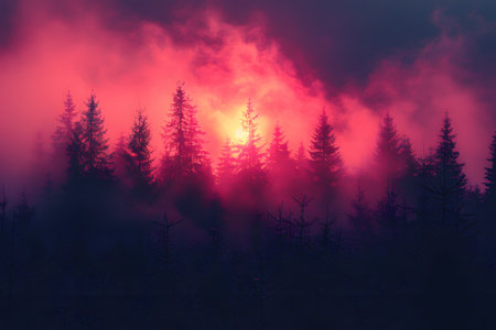 The sun is slowly descending on the horizon, casting a warm orange glow over a dense forest of tall trees. The silhouettes of the trees stand out against the colorful sky as darkness begins to engulf the landscape.の素材