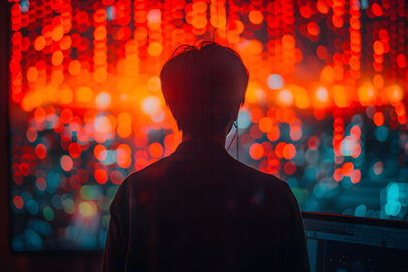 An individual is standing in front of a computer screen, focusing on the digital information displayed. The person appears engaged, possibly working or studying on the computer.の素材