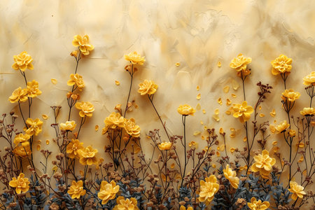A painting of vibrant yellow flowers displayed on a wall, showcasing detailed brushstrokes and lifelike petals. The flowers are the focal point of the artwork, exuding a sense of warmth and brightness in the room.の素材