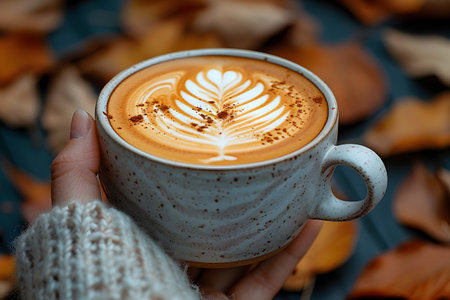 A persons hand is seen holding a white ceramic cup filled with steaming coffee. The persons fingers grip the handle firmly as they raise the cup towards their mouth.の素材