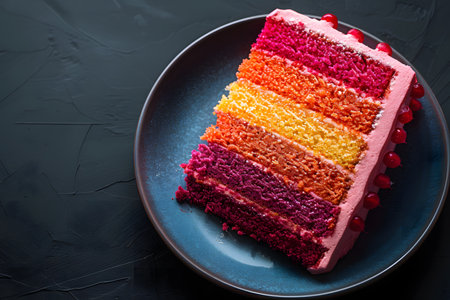 A vibrant slice of rainbow cake sits on a blue plate, showcasing layers of bright colors. The cake appears moist and fluffy, with frosting swirling on top.の素材