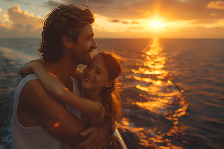 A man and a woman are hugging each other affectionately on a boat as the sun sets in the background. The couple is standing close, expressing love and connection in a romantic moment on the water.の素材