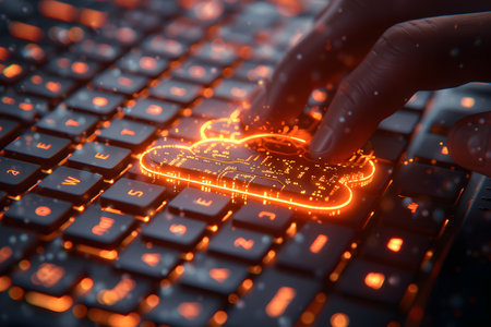 A human is seen typing on a computer keyboard. The keys are lighting up with a heart symbol glowing brightly. The individual appears focused on their task.の素材