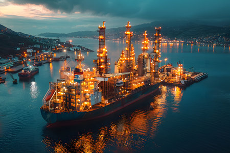 A massive ship sails through the vast body of water, dominating the scene with its size and presence. The ships hull cuts through the water, leaving a trail behind as it moves forward on its journey.の素材
