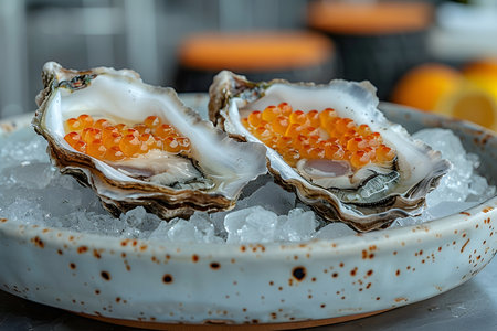 Three fresh oysters are placed on a bed of ice in a white ceramic bowl on a wooden table. The oysters appear plump and glistening, inviting the viewer to indulge in their oceanic flavors.の素材