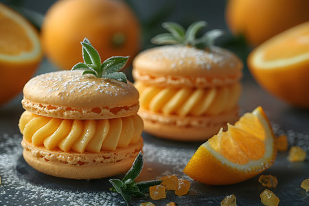 A detailed view of a pastry featuring vibrant oranges in the background, showcasing the delicious dessert against a citrusy backdrop.の素材