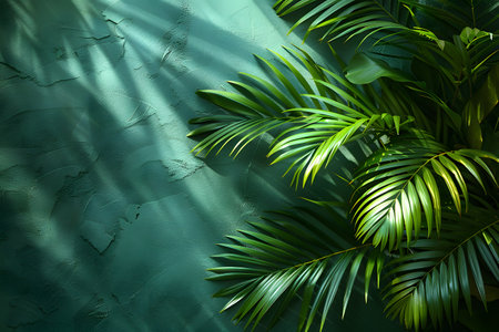 A palm tree stands tall in a room with a vibrant green wall. The indoor setting gives a unique twist to the tropical plant, creating a striking visual contrast.の素材