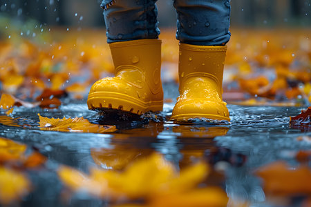 A person is standing in a puddle while wearing bright yellow rain boots. The boots are the focal point of the image as they contrast against the water. The individual seems to be enjoying the rainy weather.の素材