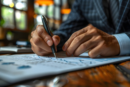 A man is sitting at a desk, focused on writing on a piece of paper with a pen. He appears intent and concentrated on the task at hand.の素材