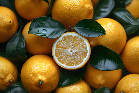 An assortment of fresh oranges stacked in a pile, with vibrant green leaves resting on top of them. The oranges are ripe and ready to be enjoyed, showcasing their bright orange color and texture.の素材