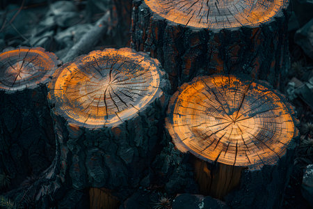 Several trees have been felled, leaving a scene of destruction and deforestation. The tree trunks are lying on the ground, stripped of their branches and leaves.の素材