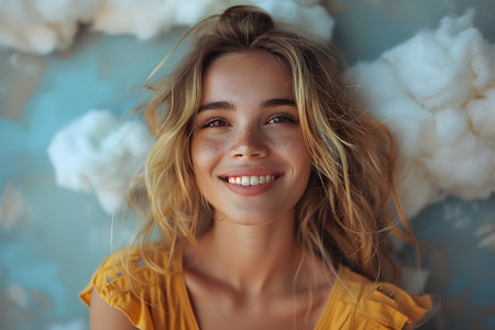 A woman with blonde hair smiles warmly as she looks directly at the camera. Her pleasant expression exudes confidence and positivity, making her approachable and friendly.の素材