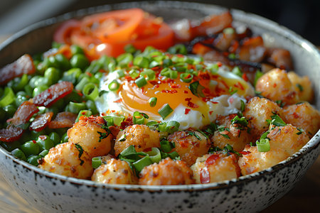 A bowl containing a mixture of peas, carrots, and a boiled egg. The vibrant green peas and orange carrots provide a colorful contrast against the white egg. The vegetables are finely diced and carefully arranged in the bowl.の素材