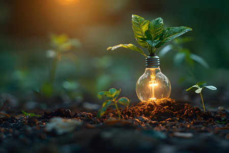 A close-up view of a small green plant growing out of a light bulb, showcasing natures ability to thrive in unexpected places. The leaves of the plant are vibrant and healthy, contrasting with the smooth, glass surface of the light bulb.の素材