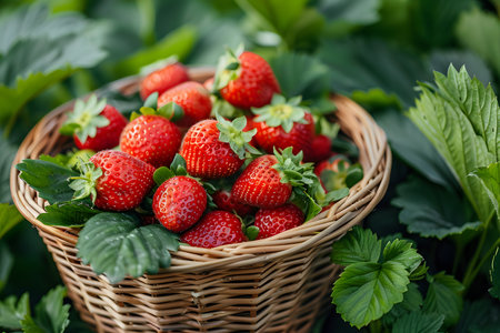 A basket overflowing with ripe red strawberries sits in a lush green garden. The berries are freshly picked and glisten in the sunlight, surrounded by vibrant green leaves and small white flowers.の素材