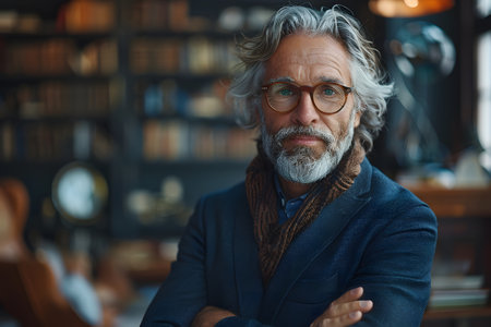 A man with a beard and glasses is standing in front of a bookshelf, surrounded by rows of books. He appears focused, presumably browsing or selecting a book from the shelves.の素材