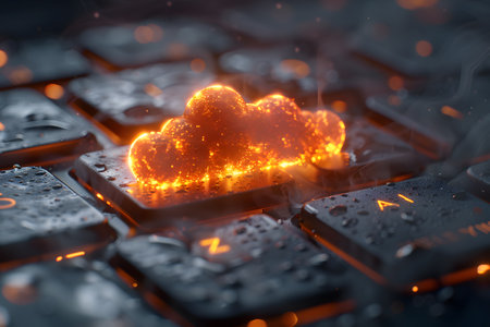 This close-up shot showcases a keyboard with a cloud directly on top of one of the keys. The contrast between the digital and physical elements creates a unique and modern visual.の素材