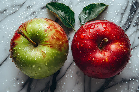 Two fresh red and green apples are placed on top of a sleek marble counter, creating a simple yet vibrant display. The apples are perfectly ripe and ready to be enjoyed.の素材