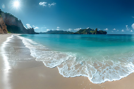 A sandy beach with waves crashing onto the shore, creating white foam as they retreat back into the ocean. The rhythmic sound of the waves can be heard as they continuously lap against the coastline.の素材