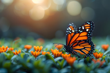 A close-up view of a butterfly perched delicately on vibrant flowers, its wings displaying intricate patterns and colors. The insect appears to be feeding or resting on the blooming petals.の素材