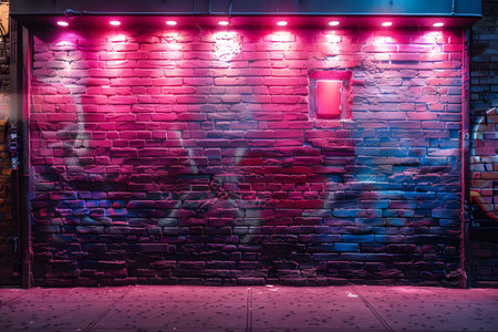 A red brick wall adorned with glowing lights adds a warm and inviting ambiance to the urban setting. The lights illuminate the texture of the bricks, creating a striking visual display.の素材