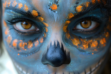 A close up view of a womans face showcasing vivid blue and orange makeup. The makeup is intricately applied, highlighting her eyes, lips, and cheeks with bold colors.の素材