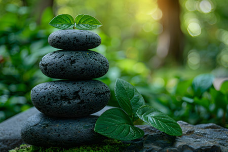 A collection of assorted rocks piled on top of each other, topped with a green leaf. The rocks vary in size and shape, forming a stable stack. The leaf rests gently on the highest rock, creating a delicate balance in the arrangement.の素材