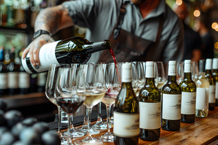 Bartender pouring red wine from bottle into wine glasses in barの素材