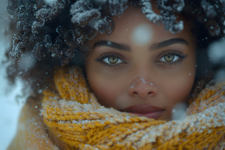 Portrait of a beautiful girl in the snow. Winter fashion.の素材
