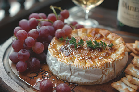 Camembert cheese with grapes and thyme on a wooden boardの素材