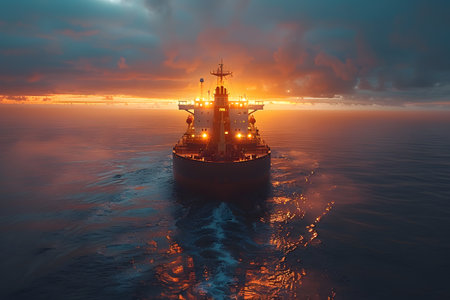 Oil tanker in the sea at sunset. 3d render illustration.の素材