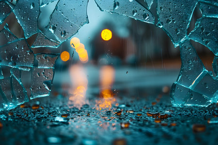 Broken glass with drops of water on the background of the night cityの素材