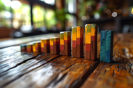 Wooden blocks on a table in a coffee shop. Selective focus.の素材